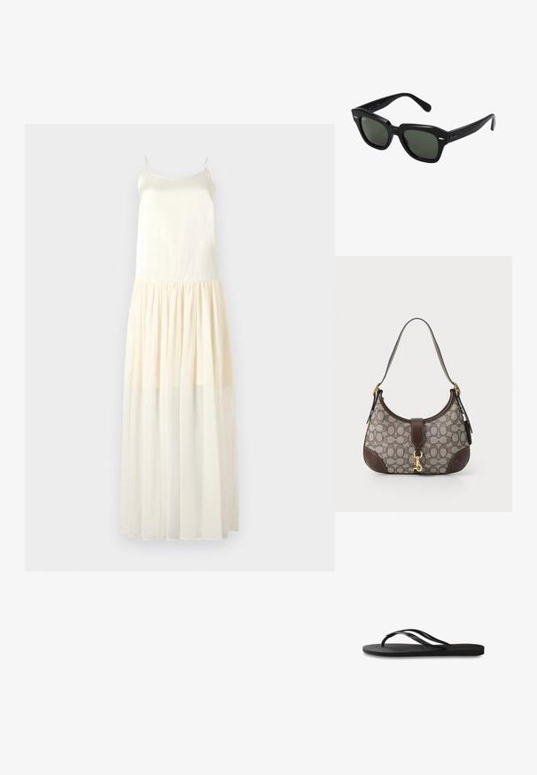Maxi kleita ar plānām siksnām, augšdaļa izgatavota no zīda līdzīga auduma, un plūstoša, slāņota šifona svārki vieglā bežā krāsā.; Melni čības ar teksturētu gumijas zoli, divām plānām siksniņām un smalku, iespiedotu logotipa detaļu uz siksniņas.; Melni kvadrātveida saulesbrilles ar tumši zaļām stikliem, izceļoties ar uzkrītošām rāmēm un sudraba akcentiem malās. Ražots Itālijā.; COACH HAMPTONS HOBO BAG IN SIGNATURE JACQUARD - Rokassoma - oak maple