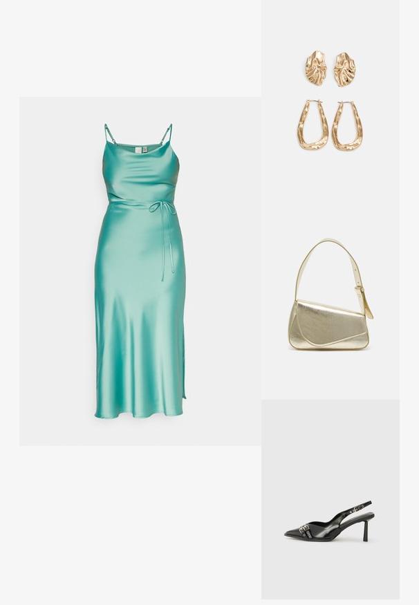 Egy teal selyem midi ruha vékony pántokkal, testhezálló felső résszel és megkötős derék hangsúlyozással. Az oldalsó hasíték lehetővé teszi a szabad mozgást.; Fekete lakk bőr, hegyes orrú slingback cipő, boka pántokkal, ezüst csatokkal és hardverelemekkel, valamint karcsú sarkú.; Arany fémes kézi táska, strukturált dizájnnal, sima felülettel és állítható pánttal. Egyedi háromszög alakú, minimalistának mondható varrásokkal rendelkezik.; Aranyszínű fülbevalók, texturált, hullámos formákkal. Tartalmazza a szobrászati klipszes studokat és az open hoop kialakítást, kalapácsos felülettel.