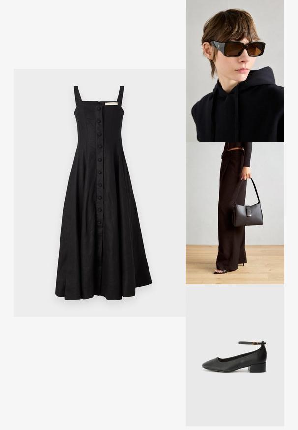 Μαύρο φόρεμα με παχιά λουριά, τετράγωνη λαιμόκοψη και πλήρη φούστα A-line. Κλείσιμο με κουμπιά στο μπροστά μέρος και υφή υφάσματος. Ορατός φερμουάρ στο πίσω μέρος.; Μαύρο δερμάτινο τακούνι με μυτερή μύτη και χαμηλό τετράγωνο τακούνι. Διαθέτει λουράκι στον αστράγαλο με χρυσό τόνο πόρπη. Λείο υφή.; Μαύρα oversized γυαλιά ηλίου με γυαλιστερή φινίρισμα, ορθογώνιο σχήμα, καφέ φακούς με σκίαση και χρυσή λεπτομέρεια λογότυπου στους βραχίονες.; Μαύρη τσάντα χειρός με δομημένο σχήμα, λεία υφή και μεταλλικό κούμπωμα. Συνδυασμένη με φαρδιά μαύρα παντελόνια και σανδάλια ανοιχτής μύτης πάνω σε ξύλινο πάτωμα.