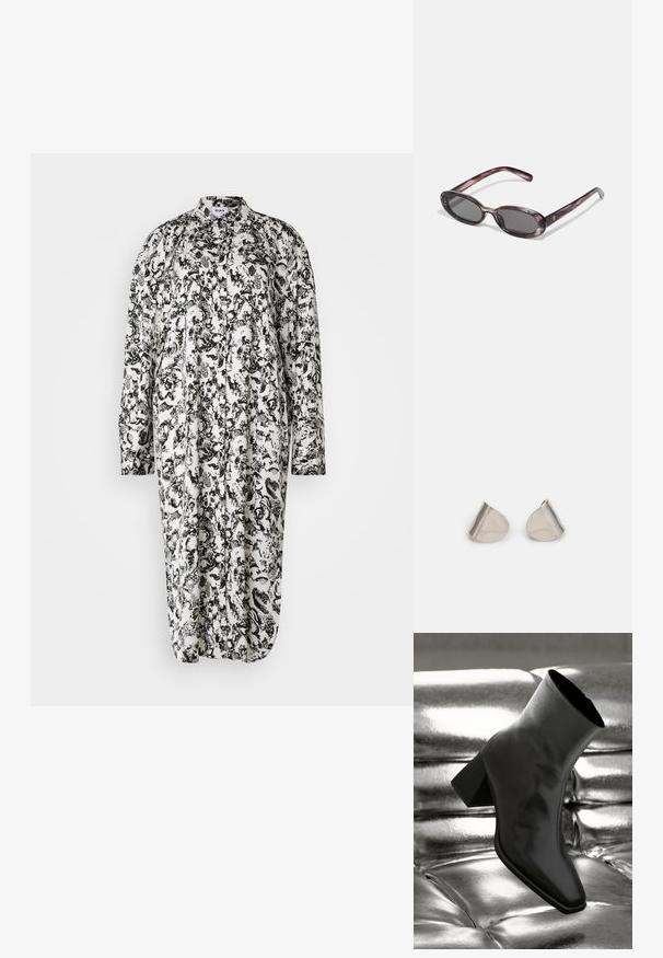 Črna in bela cvjetna obleka s dolgimi rokavi, z gumbnim zapiranjem spredaj, ovratnikom in ohlapnim krojem, izdelana iz lahkotnega materiala.; Črne gležnjarje iz sijočega materiala s kvadratnim prstom in zoženim peto, postavljene na sijoče srebrno oblazinjeno ozadje.; Ovale sončna očala z marmoriranem vijoličastim okvirjem, temnimi lečami in drobnimi ročaji, ki imajo majhen zlati logotip.; Srebrne uhane z gladko, kapljično obliko in poliranim finishem. Nežna graviranja dodajajo detajle. Minimalističen dizajn.