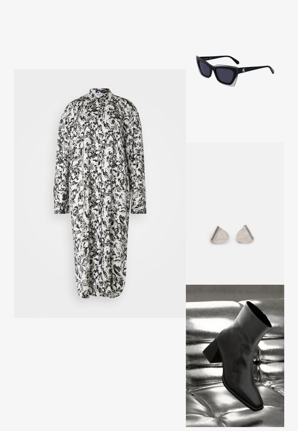 Melnbalts ziedu raksts kleita ar garām piedurknēm, pogu priekšpusi, apkakli un brīvu piegriezumu, izgatavota no vieglas auduma.; Melnas potītes kurpes, izgatavotas no spīdīga materiāla, ar kvadrātveida purngalu un konusveida papēdi, novietotas uz spīdīga sudraba izšūta fona.; Melni pārmēru saulesbrilles ar ģeometrisku formu, kas aprīkotas ar tumšiem stikliem un kontrastējošu pelēku akcentu uz rāmja. Logo uz kājas.; Sudraba metāla auskari ar gludu, asarveida formu un pulētu apdari. Smalkas gravējumi pievieno detalizāciju. Minimālisma dizains.
