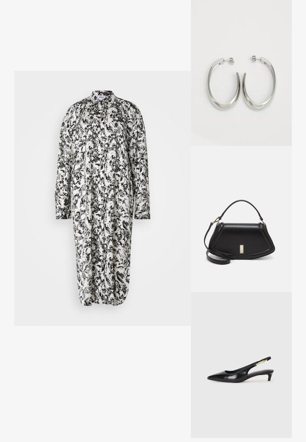 Mustvalge lilledega trükiga kleit pikkae varrukatega, nööbiga ees, krae ja vaba lõikega, valmistatud kerge kangaga.; Mustad nahast slingback kontsad terava ninaga, millel on õhuke konts ja kuldse tooni aktsent reguleeritaval rihmal. Sile tekstuur.; Must mustrist käekott, millel on struktureeritud disain, lühendatud kuju, ülemine käepide ja kuldne metallist detail. Reguleeritav õlalihm on kaasas.; Hõbe rõngas kõrvarõngad, millel on sujuv ja kõver kuju. Omab läikivat metallist viimistlust ja nupuga sulgemist. Pole nähtavaid mustreid ega aksessuaare.