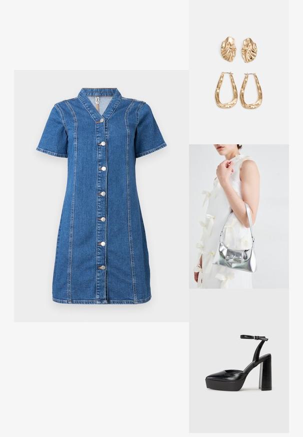 Farmerekből készült, rövid ujjú gombos ruha, amely gallérral, függőleges varratokkal és öt ezüstgombbal rendelkezik az elülső részen.; Fekete platform magassarkú cipők hegyes orral és állítható bokapánttal. Sima bőrből készült, vastag talppal.; Ezüst fémes kézitáska, struktúrált formával, felső fogantyúval és masnis részlettel az elején. Simaságával és fényes felületével tűnik ki.; Aranyszínű fülbevalók, texturált, hullámos formákkal. Tartalmazza a szobrászati klipszes studokat és az open hoop kialakítást, kalapácsos felülettel.