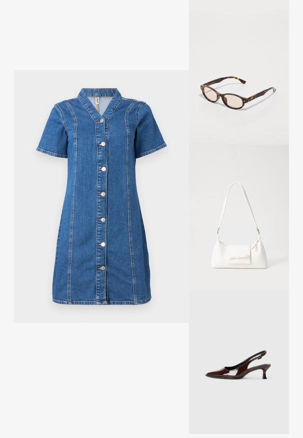 Robe en denim à boutons avec des manches courtes, présentant un col, des détails de coutures verticales et cinq boutons argentés sur le devant.; Chaussure slingback en cuir verni marron avec un bout pointu et un talon modéré. Elle est dotée d'une sangle à boucle pour un ajustement sécuritaire. Texture lisse.; Lunettes de soleil écaille de tortue avec une forme arrondie et des verres clairs. Présentent des branches robustes avec de petites accents dorés, fabriquées en matériau plastique.; Sac à main synthétique blanc en forme triangulaire, avec un rabat avant plat et un détail en nœud, une bandoulière ajustable, une texture lisse et un design minimaliste.