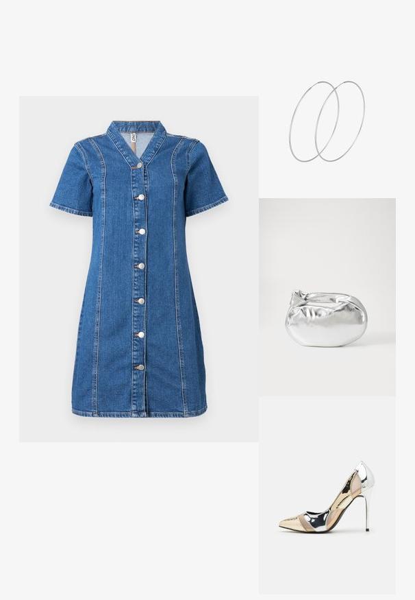 Robe en denim à boutons avec des manches courtes, présentant un col, des détails de coutures verticales et cinq boutons argentés sur le devant.; Chaussure à talon aiguille à bout pointu avec un schema de couleurs argent, or et nude. Fini brillant avec un design découpé, dotée d'un talon stiletto.; Pochette en métal argenté avec une forme douce et arrondie et un fermoir en haut noué. Fabriquée en simili cuir lisse.; Boucles d'oreilles en argent au design minimaliste. Forme circulaire, texture lisse et profil fin. Légères avec une finition polie.