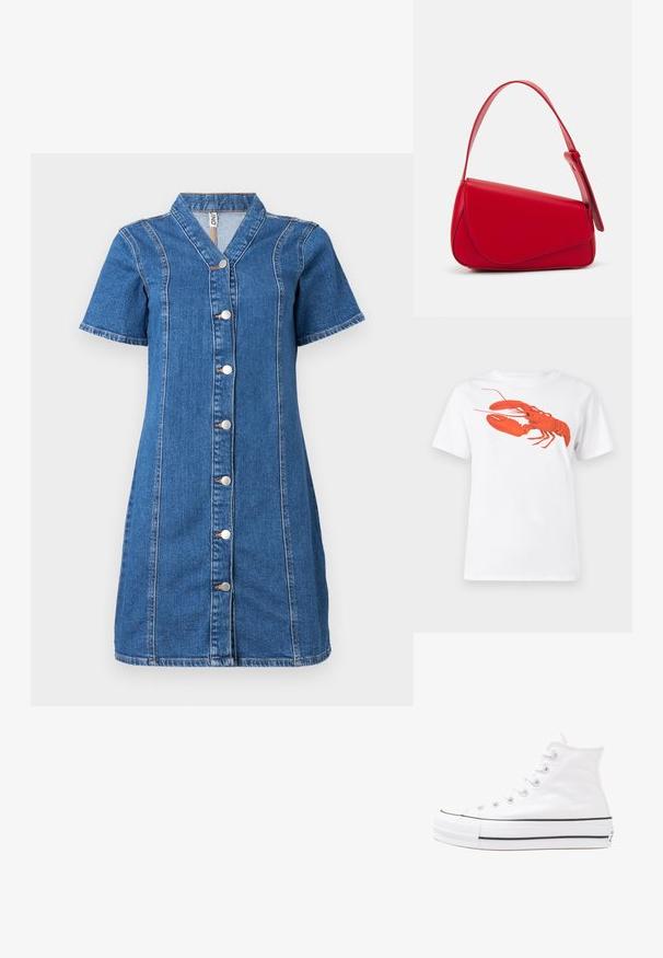 Denim skjorte-kjole med korte ærmer, der har en krave, lodrette sømdetaljer og fem sølvknapper ned langs fronten.; Hvid bomulds t-shirt med et stort, klart rødt hummerprint på forsiden. Korte ærmer og standard rund halsdesign.; Hvide høje kanvas sneakers med sort gummisål, gummitåhætte foran og seks øjehuller til snørebånd, der har et rent, minimalistisk design.; Rød læderhåndtaske med et kantet, geometrisk design. Har en enkelt justerbar rem og en klaplukning med syede detaljer.