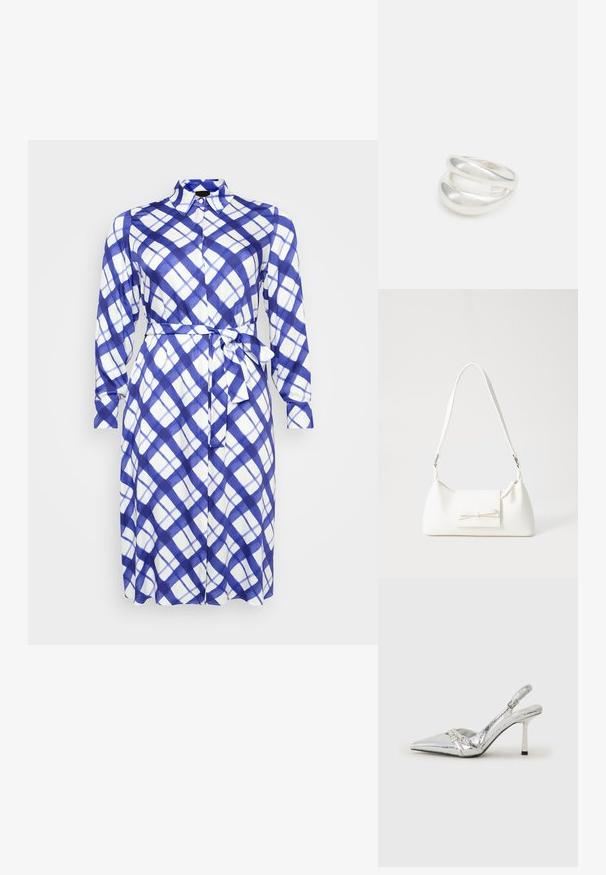 Ilgumis rankovės, mygtukų suknele mėlynai-balta langelių raštu su juosmens diržu. Pagaminta iš lengvos medžiagos su švelniu tekstūru.; Sidabriniai slingback aukštakulniai batai su smailia pavadinimu, metaliniu paviršiumi, dviem dekoratyvinėmis juostelėmis ir lieknu kulnu su juodu galiuku.; Balta sintetinė rankinė trikampio formos, plokščiu priekiu su užsegimu, kaspino detale, reguliuojama dirželiu, lygia tekstūra ir minimalistišku dizainu.; Sidabrinis dvigubas žiedas su lygiu, poliruotu paviršiumi. Pasižymi sklandžiu, kreiptu dizainu su persipinančiomis dalimis, suteikiančiomis modernų išvaizdą.