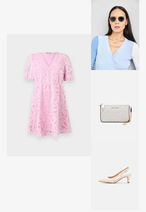 Rosa blondekjole med V-hals, korte pufferm og en tettsittende midje. Har lagdelte blomsterdesign og en utsvingt skjørt.; Hvit slingback-hel med spiss tå, glatt overmateriale, lav blokkhelt, og cut-out-design på siden med justerbar spenne.; Runde solbriller med mørke linser og guldrammer. Modellen har en lyseblå, ribbet cardigan med knapper og kontrast hvide ærmer på.; Michael Kors håndleddsveske i beige belagt kanvas med et gjentakende MK-logo mønster, gullfarget maskinvare og en avtakbar kjede-rem.