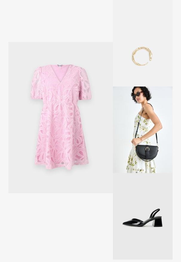 Robe en dentelle rose avec un décolleté en V, des manches courtes bouffantes et une taille cintrée. Présente des motifs floraux superposés et une jupe évasée.; Escarpins en cuir verni noir avec bout pointu et talon bloc géométrique. Présente un design élégant et minimaliste ainsi qu'une texture lisse.; Sac à main en cuir noir avec une forme courbée, bandoulière amovible et des accessoires en or. Le sac est doté d'un rabat avec un détail de boucle.; Bague en or ornée d'un design organique et torsadé, avec une texture lisse et des extrémités effilées, créant une apparence moderne et sculpturale.
