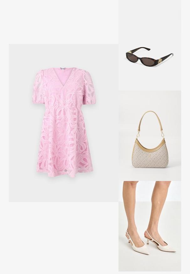 Robe en dentelle rose avec un décolleté en V, des manches courtes bouffantes et une taille cintrée. Présente des motifs floraux superposés et une jupe évasée.; Escarpins à talon slingback en cuir verni beige avec un bout pointu et un talon de 5 cm, présentant des côtés découpés et une fine bride à la cheville.; Lunettes de soleil en écaille, avec des verres ovales allongés, teinte marron, accents de logo doré sur les branches et montures noires élégantes.; Sac à main en beige à motif, avec une forme incurvée, des accents en cuir et un logo en ton doré sur le devant. Il dispose d'une poignée courte pour un transport facile.