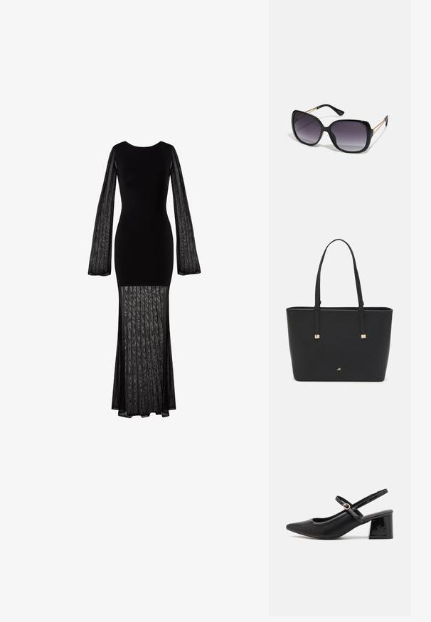 Černé dlouhé šaty s fitted tělem a průhlednými, texturovanými rukávy. Plynulá, částečně průhledná sukně s plisovaným designem na spodním okraji.; Černé lakované lodičky s otevřenou patou, špičatou špičkou, zaobleným střihem a blokovým podpatkem. Zdobené akcentem v zlatém tónu.; Černé oversized sluneční brýle se gradientními skly, silnými rámy a zlatými řetízkovými detaily na nožičkách.; Černá taška přes rameno vyrobená z umělého materiálu, s jednoduchým obdélníkovým designem, zlatými čtvercovými akcenty a dvojitými uchy.