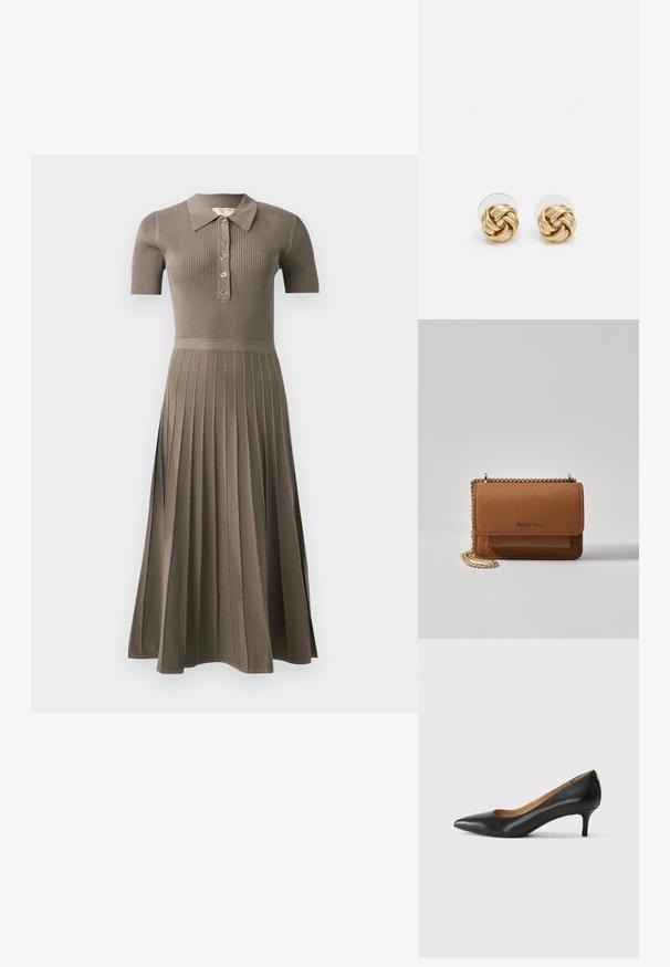 Vestido midi com nervuras em cinza- castanho, com mangas curtas, colarinho tipo polo, fecho de botões dourados e saia plissada. Textura suave.; Sapato de salto alto em pele preta com bico fino, salto baixo e textura suave. Apresenta uma ligeira abertura na parte da frente e mínima ferragem na parte de trás.; Bolsa crossbody de couro texturizado castanho com alça de corrente dourada e fecho com aba. A parte da frente apresenta detalhe do logótipo e um bolso sob a aba.; Brincos de pressão em tom dourado com um design torcido. Cada brinco possui uma base circular transparente para um uso seguro.