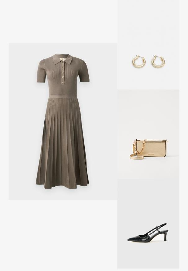 Geribbelde midi-jurk in grijsbruin met korte mouwen, een polokraag, gouden knoopsluiting en een geplooid rokkenontwerp. Zachte textuur.; Zwart patent slingback hak met een spitse neus, voorzien van een gestructureerde slangenprint, verstelbare band en een korte, gestructureerde blokhak.; Metalen gouden leren clutch met een gestructureerde afwerking, voorzien van een gouden kettingband en een afneembare schouderband. Merkenlogo in reliëf.; Lauren Ralph Lauren BASIC SMALL HOOP - Oorbellen - gold-coloured