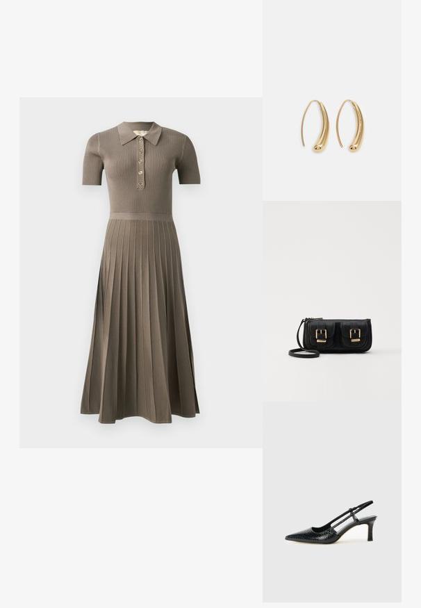 Ribbed midi kleita pelēk-brūnā krāsā ar īsām piedurknēm, polo apkakli, zelta poga aizdari un drapēta svārku dizainu. Mīksta tekstūra.; Melna patent āda ar slīdošo papēdi un smailo purngalu, ar teksturētu čūsku drukājumu, regulējamu siksniņu un īsu teksturētu blokpapēdi.; Melnas ādas crossbody soma ar divām priekšējām kabatām, zelta sprādzēm, ar rāvējslēdzēju aizdari un šauru siksnu. Strukturēta virsma un kompakta taisnstūra forma.; Zelta toņu metāla gredzena auskari ar izliektu, pagarinātu formu. Ar gludu, spīdīgu virsma un noapaļotu galu papildu detaļām.