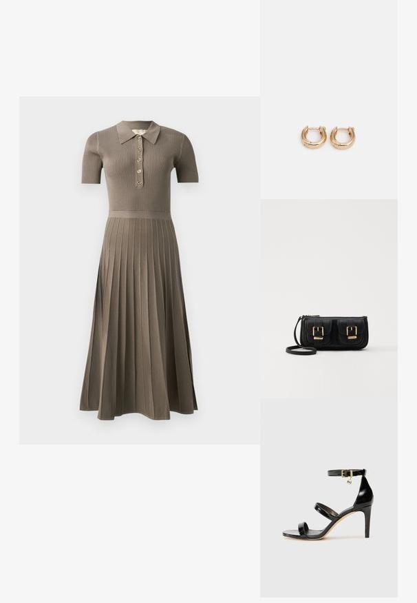 Robe midi côtelée en gris-brun avec des manches courtes, un col polo, un boutonnage doré et un design de jupe plissée. Texture douce.; Sandale en cuir verni noir avec trois brides, boucle de cheville et talon aiguille de 10 cm. Présente un détail en métal doré et un charm logo.; Sac en cuir noir porté en travers avec deux poches avant, boucles dorées, fermeture zippée et une sangle fine. Surface texturée et forme rectangulaire compacte.; Boucles d'oreilles en or avec une finition polie, présentant un design circulaire épais et un mécanisme de fermeture sécurisé. Texture lisse et apparence brillante.
