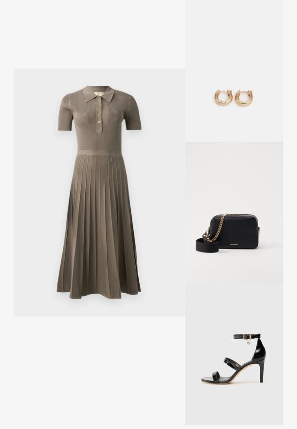 Harmaa-ruskea ribbed midi mekko lyhyillä hihoilla, polo-kauluksella, kultaisilla nappilistalla ja laskostetulla hameen designilla. Pehmeä rakenne.; Musta patentoitu nahkasandaali, jossa on kolme hihnaa, nilkkasolki ja 4 tuuman stiletto-korko. Varustettu kultaisilla yksityiskohdilla ja logokoristeella.; Mustakasta nahkaa oleva olkalaukku, jossa on kultaiset ketjuviimeistelyt, vetoketjukiinnitys ja irrotettava kangasolka. Michael Korsin logo edessä.; Kultaiset renkaat korvakorut kiiltävällä pinnalla, joissa on paksu, pyöreä muotoilu ja turvallinen sulkemismekanismi. Sujuva rakenne ja kiiltävä ulkonäkö.