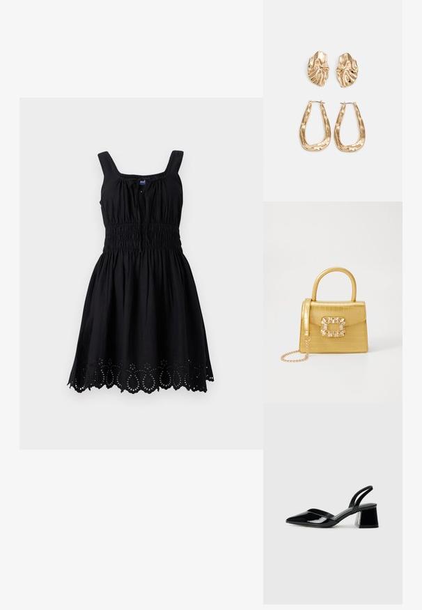 Rochie neagră cu un corp ajustat, având bretele pătrate, talie pliată și un tiv cu margini ondulate, împodobit cu detalii complicate din dantelă perforată.; Pantofi cu toc slingback din piele lacuită neagră, cu vârf ascuțit și toc geometric. Prezintă un design elegant, minimalist și o textură netedă.; Geantă galbenă din faux-crocodil cu un design structurat, mână superioară, curea detașabilă cu lanț și embellisment decorativ cu cristale pe închidere.; Cercei aurii cu forme texturate și ondulate. Include studs sculpturale cu clip și un design de cerc deschis cu un finisaj cioplit.