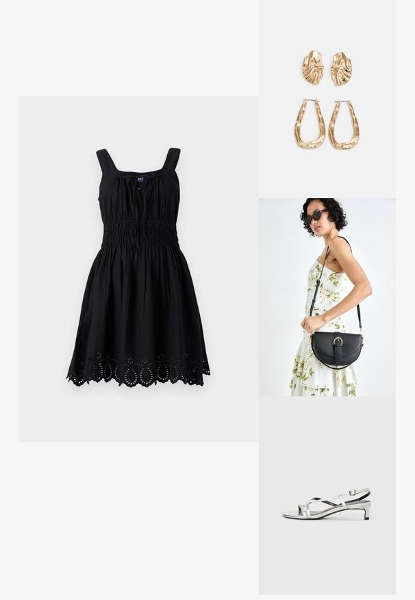 Vestido preto com corpete ajustado, alças quadradas, cintura franzida e barra serrilhada adornada com detalhamentos de ilhós intricados.; Sandália slingback metálica prateada com um salto baixo, apresentando tiras entrelaçadas e uma textura suave. Design minimalista.; Bolsa de couro preta com forma curva, alça destacável e detalhes em dourado. A bolsa possui uma aba com detalhe de fivela.; Brincos em tom de ouro com formas onduladas e texturizadas. Inclui studs escultóricos com presilha e um design de argola aberta com um acabamento martelado.