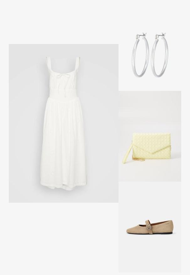 Robe midi en coton blanc avec un corsage ajusté, des bretelles réglables et une jupe fluide. Présente des motifs floraux brodés.; Ballerines en daim beige de style Mary Jane avec un bout pointu et une seule sangle réglable dotée d'une boucle en métal argenté. Semelle plate noire.; Porte-monnaie tissé jaune avec un design à rabat, une sangle de poignet amovible et un accent en chaîne dorée. Texture lisse et forme rectangulaire.; Boucles d'oreilles en argent avec une finition lisse et polie. Forme ronde et fermeture à clip sécurisée. Design léger adapté pour un port quotidien.
