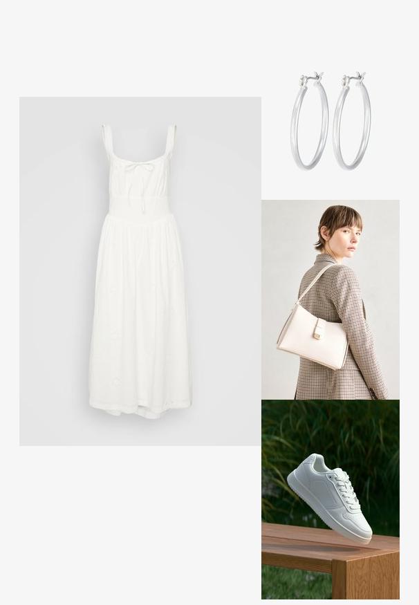 Valge puuvillane midi kleit, millel on kinnitatud põhi, reguleeritavad õlapaelad ja voolav seelik. Kleit on kaunistatud tikitud lillemusteritega.; Valged sneakerd, millel on sile sünteetiline ülemine osa, väikeste aukudega varvaskast, lamedad paelad ja tekstuuriga tald, eksponeeritud puidust pinnal.; Valge nahast käekott struktureeritud disainiga, millel on magnetlukk ja õlavarre rihm, esitletud neutraalse tausta ees.; Hõbedased rõngaskõrvarõngad, millel on sile, läikiv viimistlus. Ümmargune kuju ja turvaline klõpsulatus. Kerge disain, sobib igapäevaseks kandmiseks.
