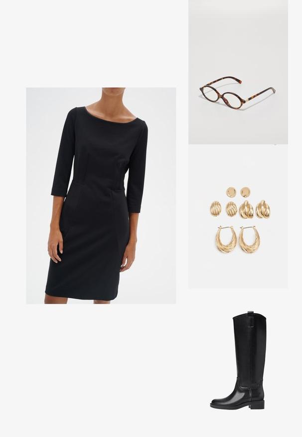 Mustat istuvat mekko, jossa on pyöreä pääntie, kolme neljännesmittaista hihaa ja sauma-ompeleet. Valmistettu sileästä kankaasta, joka on pehmeä tuntumaltaan.; Mustat polvipituiset saappaat, jotka on valmistettu sileästä synteettisestä materiaalista. Varusteena pyöristetty kärki, matala lohkokorko ja pystysaumakuviointi.; Kaukoputkiset silmälasit, joissa on soikeat kehykset, kirkkaat linssit ja kultaiset yksityiskohdat. Varustettu kaarevilla templeillä ja sileällä, kiiltävällä pinnalla.; Korukultaiset korvakoruasetelmat, jotka sisältävät kolme paria: kuvioidut soikeat nappikorvakorut, aaltoilevalla muotoilulla varustetut nappikorvakorut ja suuret renkaat, joissa on kerrokselliset urat.