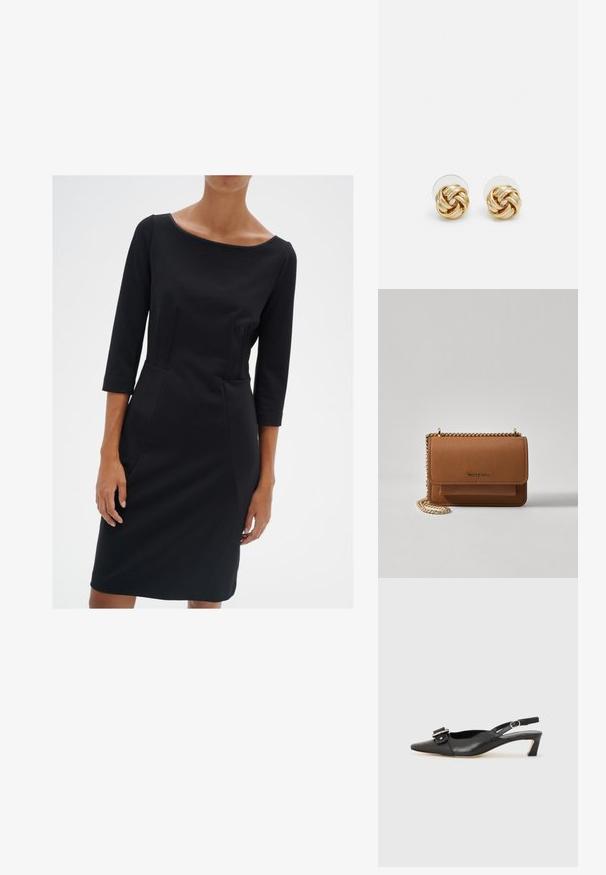 Juoda prigludusi suknelė su apvaliu iškirpimu, trieiliu rankovėmis ir siūlės dekoru. Pagaminta iš lygaus audinio su švelnia tekstūra.; Juodas odinis slingback batelis su smailiu nosiu, maža pakulne ir dekoratyvine sagtimi viršuje. Lygus paviršius, minimalistas dizainas.; Ruda tekstūruota odinė per petį nešama rankinė su auksiniu grandininiu dirželiu ir užlenkiamo užsegimo. Priekinėje pusėje yra logotipo detalė ir kišenė po užlenkimu.; Aukso spalvos mazgo auskarai su sukimo dizainu. Kiekvienas auskaras turi apvalų skaidrų pagrindą, užtikrinantį saugų dėvėjimą.