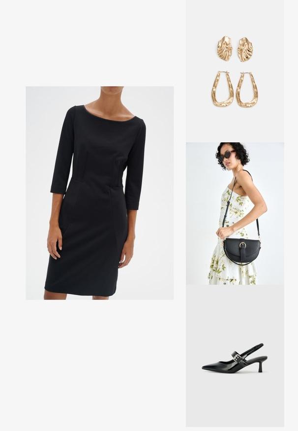 Svart figurnära klänning med rundad halsringning, trekvarts ärmar och sömdetaljer. Tillverkad av ett mjukt tyg med en glatt textur.; Svarta patentläder slingback-klackar med spetsig tå och en liten blockklack, med en silvrig spänneaccent på remmen.; Svart läderhandväska med en böjd form, avtagbar rem och guldiga detaljer. Väskan har ett lock med en spänndetalj.; Örhängen i guldton med texturerade, vågiga former. Inkluderar skulpturala clip-on-stift och öppen hoop-design med hamrad finish.