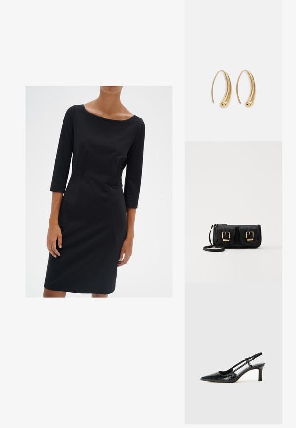 Czarna dopasowana sukienka z okrągłym dekoltem, rękawami o długości trzech czwartych i detalami szwów. Wykonana z gładkiego materiału o miękkiej teksturze.; Czarne lakierowane czółenka na obcasie typu slingback z wąskim noskiem, z teksturowanym wzorem wężowym, regulowanym paskiem oraz krótkim, teksturowanym obcasem w kształcie słupka.; Czarna skórzana torba na ramię z dwoma przednimi kieszeniami, złotymi klamrami, zamkiem błyskawicznym i cienkim paskiem. Teksturowana powierzchnia i kompaktowy prostokątny kształt.; Złote metalowe kolczyki w kształcie obręczy o zakrzywionym, wydłużonym kształcie. Posiadają gładką, błyszczącą powierzchnię oraz zaokrąglony koniec dla dodatkowego efektu.
