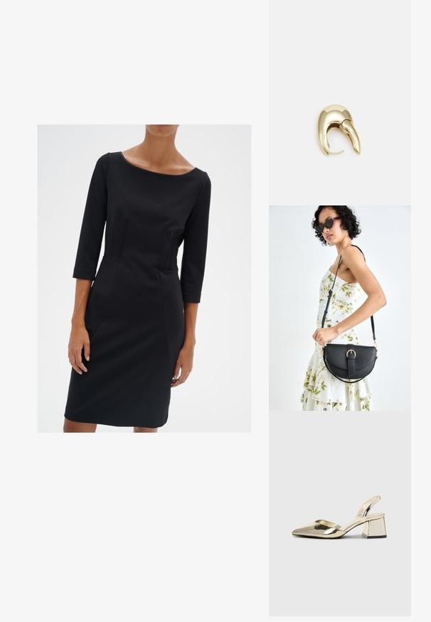 Schwarzes, körperbetontes Kleid mit einem runden Ausschnitt, Drei-Viertel-Ärmeln und Nahtdetails. Hergestellt aus einem glatten Stoff mit einer weichen Textur.; Goldene, metallische Slingback-Absätze mit spitzem Zeh und dicker Ferse. Glatte Textur, minimalistisches Design und ein schmaler Riemen.; Schwarze Lederhandtasche mit geschwungener Form, abnehmbarem Tragegurt und goldenen Beschlägen. Die Tasche verfügt über einen Deckel mit einer Schnallen-Details.; Ohrringe aus goldfarbenem Metall mit einem schlanken, geschwungenen Design. Sie verfügen über eine markante, spitze Form, eine polierte Oberfläche und einen Scharnierverschluss.
