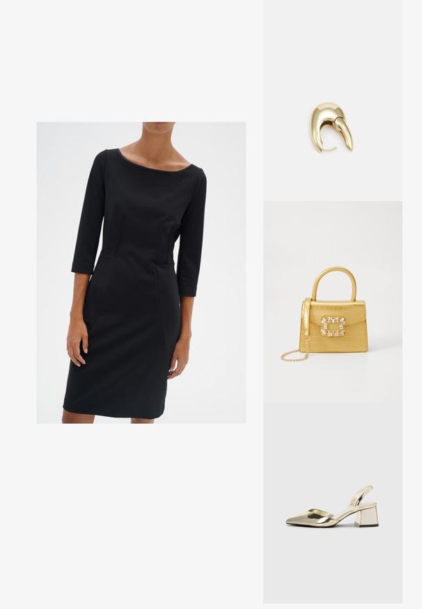 Crna uska haljina s okruglim izrezom, rukavima do tri četvrtine i detaljima šava. Napravljena od glatkog materijala s mekom teksturom.; Zlatni metalik slingback sandali s šiljatim vrhom i debelim potpeticama. Glatka tekstura, minimalistički dizajn i uski remen.; Žuta torbica od umjetnog krokodila sa strukturiranim dizajnom, gornjom ručkom, odvojivim lančićem i dekorativnim kristalnim ukrasom na kopči.; Zlatne metalne naušnice s elegantnim, zakrivljenim dizajnom. Imaju karakterističan šiljast oblik, poliranu površinu i zatvaranje na šarku.