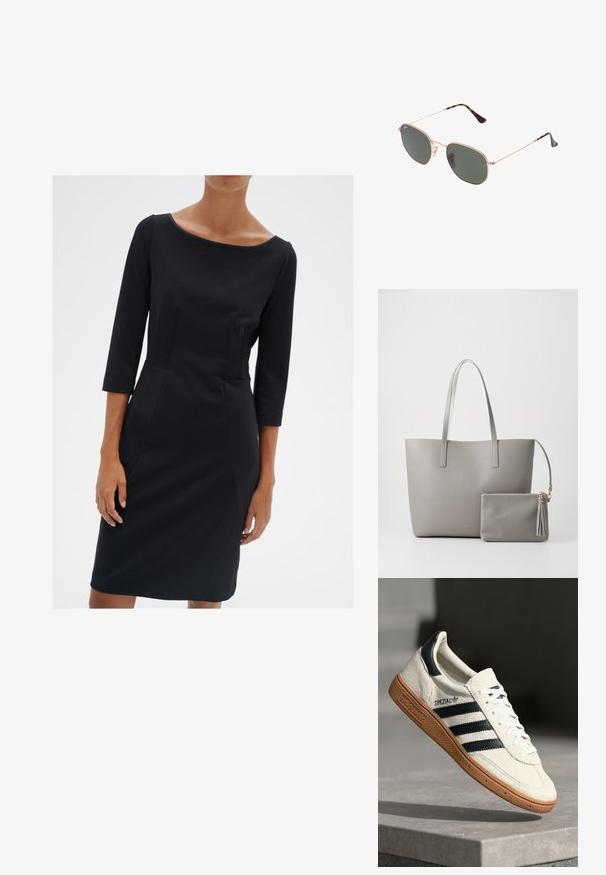 Černé těsně přiléhající šaty s výstřihem ve tvaru lodičky, tříčtvrtečními rukávy a prošíváním. Vyrobené z hladké látky s jemnou texturou.; Bílé semišové tenisky s námořnickými pruhy, gumovou podrážkou, texturovaným svrškem, kulatou špičkou a šněrováním; obsahují branding na boku a na jazyku.; Sluneční brýle s kovovým zlatým rámem a tmavě zelenými skly, styl aviatorek, s úzkými obroučkami a želvovinovými akcenty na špičkách.; Šedá syntetická taška s dvěma dlouhými uchy a odpovídající malou zipovou taštičkou se střapcem. Hladký povrch s jemným vzorem.