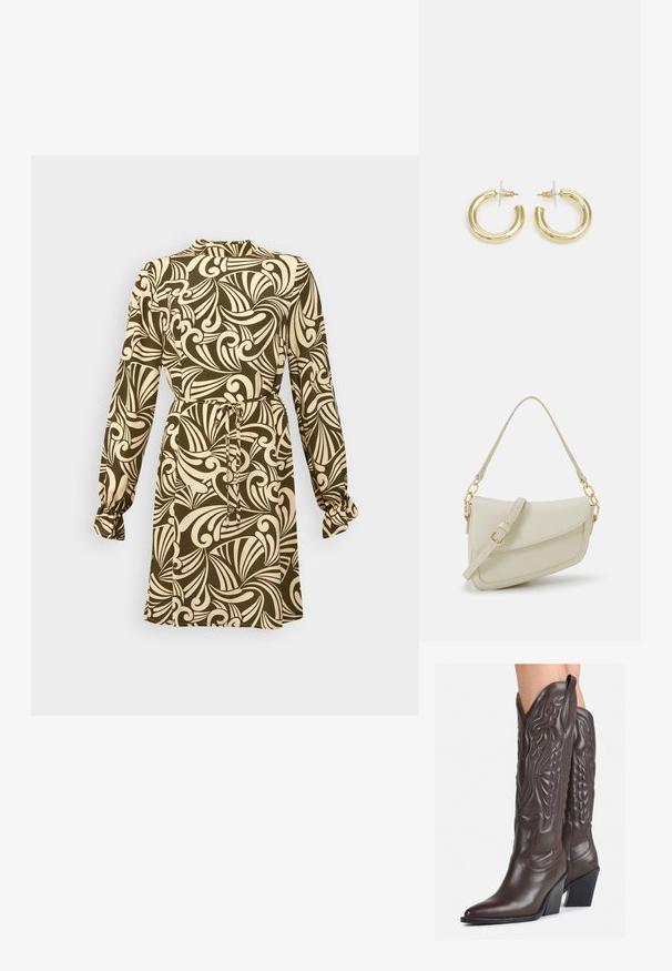 Rochie cu mâneci lungi, talie ajustată, fundal verde măsliniu, model floral crem în spirală și gathered la manșete.; Bocanci de cowboy din piele maro, cu vârf ascuțit și toc pătrat, având cusături detaliate și accente ridicate pe tijă.; Geantă mică de crem cu un finisaj texturat, curea lungă și ajustabilă, accent cu lanț și închidere cu clapetă. Detalii din hardware aurie.; Cercei cercuri din aur cu un finisaj neted și strălucitor. Design circular cu un mic suport și un spate transparent pentru o purtare sigură.