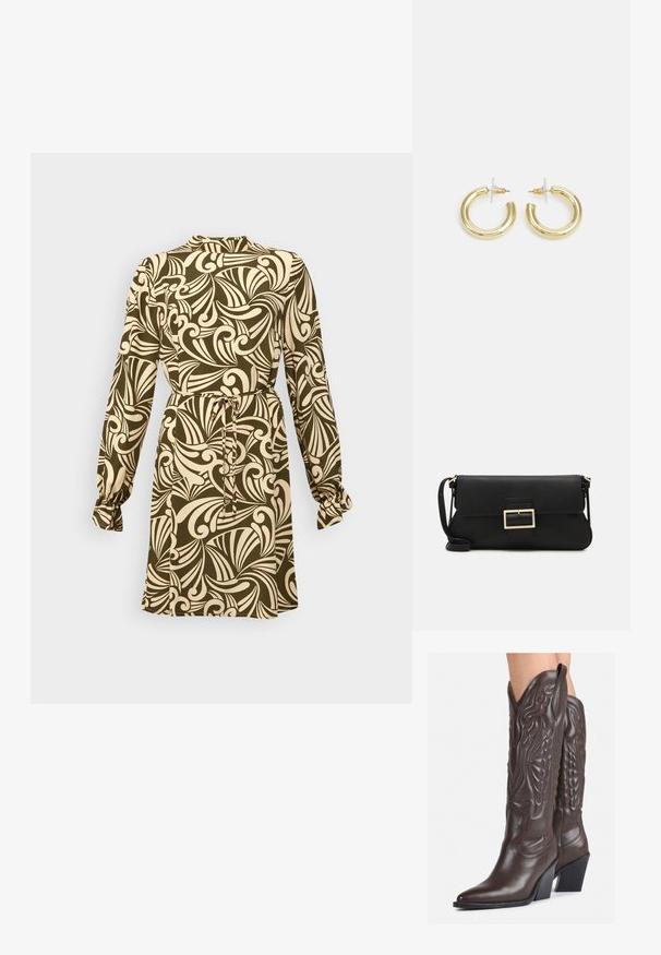 Dlhé šaty s priliehavým pásom, olivovo zelené pozadie, krémový kvetinový vír a nariasenie na manžetách.; Hnedé kožené kovbojské topánky s špicatou špičkou a blokovým podrážkou, so zložitým prešívaním a vyvýšenými akcentmi na puzdre.; Čierna kožená clutch taška s klopou a zlatým kovovým detailom s prackou. Obsahuje čierny remienok a elegantný, minimalistický dizajn.; Zlaté kruhové náušnice s hladkým, lesklým povrchom. Cirkulárny dizajn s malým steblom a jasným záznamom pre bezpečné nosenie.