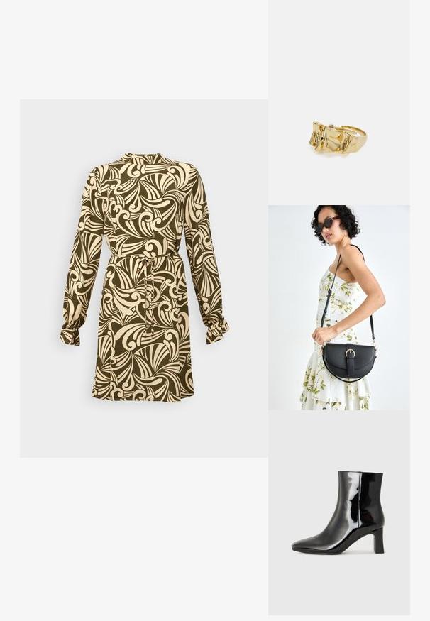 Dlhé šaty s priliehavým pásom, olivovo zelené pozadie, krémový kvetinový vír a nariasenie na manžetách.; Čierne lakované členkové topánky s špicatou špičkou a stredne vysokým blokovým podpätkom. Hladká textúra a minimalistický dizajn.; Čierna kožená kabelka s zaobleným tvarom, odnímateľným popruhom a zlatými doplnkami. Kabelka má klopu s detailom s prackou.; Zlatý prsteň s textúrovaným, vlnitým dizajnom, ktorý má tri výrazné vrcholy. Hladký, lesklý povrch a otvorený pásik pre nastaviteľné prispôsobenie.