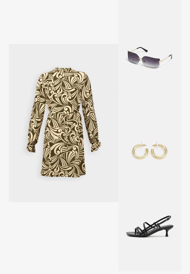 Šaty s dlouhým rukávem a přiléhavým pasem, olivově zelené pozadí, krémový květinový vířivý vzor a nařasení na manžetách.; Černé sandály na podpatku s několika křížovými pásky. Hladký materiál, špičatá špička a úzký podpatek. Nastavitelný pásek kolem kotníku s přezkou.; Sluneční brýle s šedým gradientním sklem, zlatým kovovým rámem a černými plastovými akcenty. Unikátní čočky ve tvaru motýla s tenkými nožičkami.; Zlaté kruhové náušnice s hladkým, lesklým povrchem. Kruhový design s malým kolíčkem a průhledným záznamem pro bezpečné nošení.