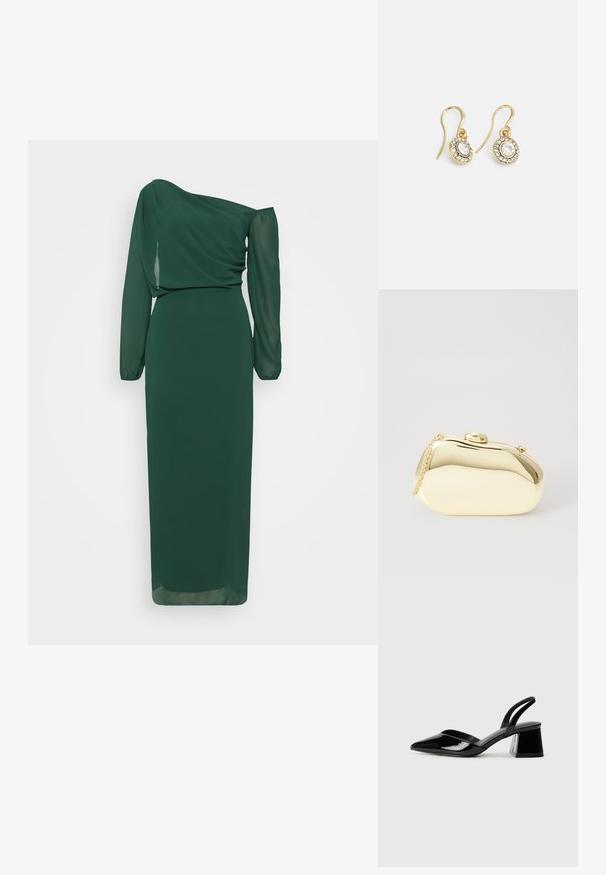 WAL G TALL ABI OFF SHOULDER MAXI - Svečana odjeća - forest green; Crne lakirane kožne sandale s otvorenom petom i špicastim vrhom, s geometrijskom blok petom. Imaju elegantan, minimalistički dizajn i glatku teksturu.; Metalni zlatni clutch s glatkim, zaobljenim oblikom, s gornjim kopčom na dugme i malim lancem za nošenje.; Zlatne naušnice s ovalnim prozirnim kristalima okruženim manjim prozirnim kamenčićima, s dizajnom na kuku za sigurno nošenje.