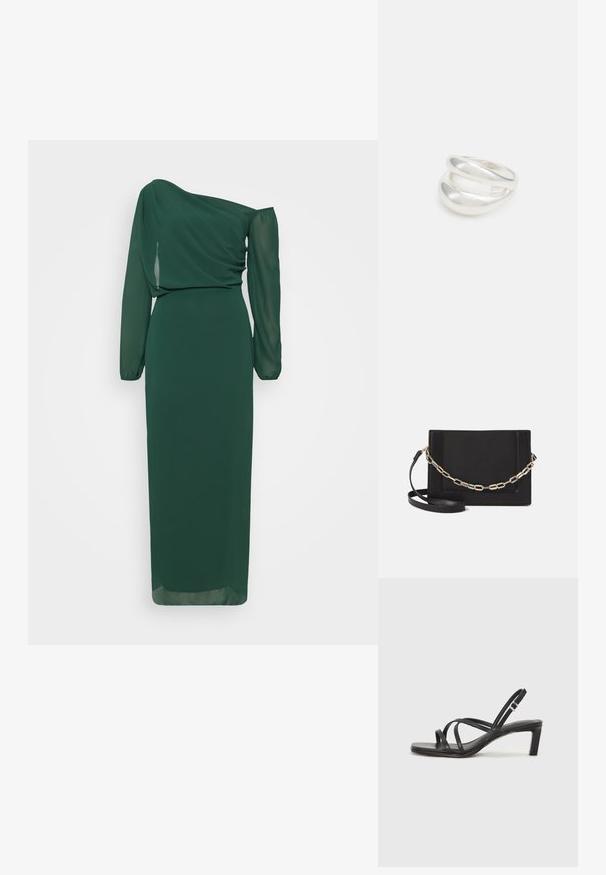 WAL G TALL ABI OFF SHOULDER MAXI - Pidulikud riided - forest green; Mustast rihmajalatsid ruudukujulise varba ja madala ploki kontsaga. Omab mitmeid õhukesi rihmasid ja reguleeritavat pahkluu rihma. Valmistatud siledast nahast.; Mustast nahast õlakott, mis omab siledat tekstuuri, ristküliku kuju ning esiküljel metallketi detaili. Reguleeritav rihm on kaasas.; Hõbedane kahekordne rõngas sujuva, poleeritud pinnaga. Omab voolavat, kõverat disaini, millel on kattuvad sektsioonid, et saavutada kaasaegne ilme.