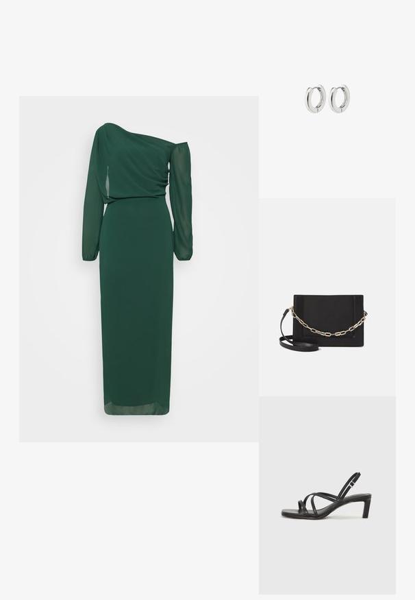 WAL G TALL ABI OFF SHOULDER MAXI - Proginė apranga - forest green; Juodi šlepetės su kvadratiniu pirštu ir žemu bloku kulnu. Yra keli ploni dirželiai ir reguliuojamas kulkšnies diržas. Pagaminti iš lygios odos.; Juodas odinis per petį nešiojamas krepšys turi lygų paviršių, stačiakampio formą ir metalinę grandinėlę priekyje. Pridedama reguliuojama dirželis.; Sidabriniai auskarai su poliruotu paviršiumi, turintys apvalią dizaino formą ir be siūlių vyriukus, rodantys lygų paviršių.