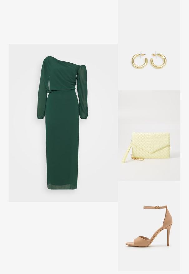 WAL G TALL ABI OFF SHOULDER MAXI - Apģērbs svinīgiem gadījumiem - forest green; ALDO CRERIDE PILLOW WALK - Sandales - beige; Dzeltena austs kabata ar atloku dizainu, noņemamu plaukstas siksnu un zeltītu ķēdes akcentu. Gluda tekstūra un taisnstūra forma.; Zelta auskari ar gludu, spīdīgu apdari. Apaļš dizains, kas ietver mazu tapu un caurspīdīgu pamatni drošai valkāšanai.