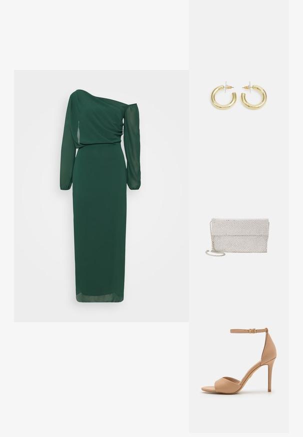 WAL G TALL ABI OFF SHOULDER MAXI - Apģērbs svinīgiem gadījumiem - forest green; ALDO CRERIDE PILLOW WALK - Sandales - beige; Sudraba sieta pošu soma ar teksturētu, austas dizaina, kurai ir salokāms vāks un noņemama ķēdes siksna nēsāšanai.; Zelta auskari ar gludu, spīdīgu apdari. Apaļš dizains, kas ietver mazu tapu un caurspīdīgu pamatni drošai valkāšanai.