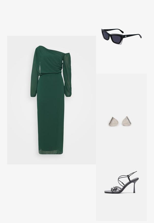 WAL G TALL ABI OFF SHOULDER MAXI - Oblečenie na špeciálnu príležitosť - forest green; Čierne sandále na vysokom podpätku majú tenké remienky s uzlovým dizajnom, hladký štvorcový špičku a elegantný stiletto podpätok.; Čierne oversized slnečné okuliare s geometrickým tvarom, s tmavými šošovkami a kontrastným šedým detailom na ráme. Logo na mostíku.; Strieborné kovové náušnice s hladkým tvarom kvapky a lesklým povrchom. Jemné rytiny pridávajú detail. Minimalistický dizajn.