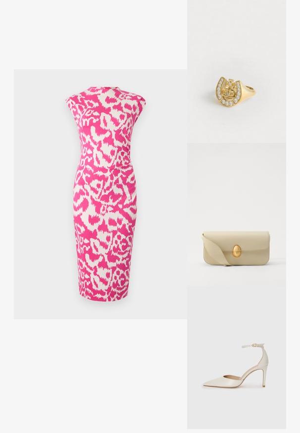 Roosa ja valge vooderdatud kleit, millel on julge abstraktne muster, ilma varrukateta disain ja põlvepikkune lõige. Sile ja veniv kangas.; Valgete nahast kõrge kontsaga kingad, terava varbaga, ankle strapiga ja kitsaste stiletto kontsadega. Sile tekstuur koos peene läikega.; Beež nahast käekott, millel on sile tekstuur, ristküliku kujuline ja kuldne ovaalne lukustus. Omab pikka, reguleeritavat rihma.; Kuldne sõrmus, mille sees on kroonikujundus hobuseraua sees, kaunistatud väikeste selgete kalliskividega, valge tausta peal.