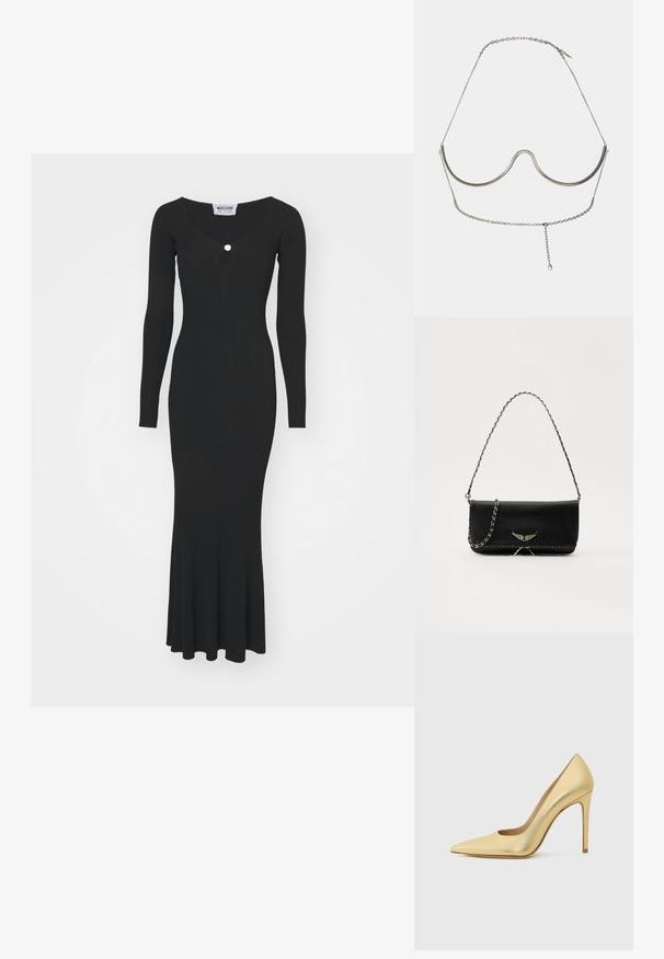 Fekete, bordázott kötött ruha hosszú ujjakkal, V-alakú nyakkivágással és bővülő szegéllyel. Apró díszgomb található a nyakkivágásnál.; Arany fémes, hegyes orrú, magassarkú cipő stiletto sarokkal, oldalról mutatva, egyszínű világos háttérben.; Fekete bőrtáska ezüstlánc pánttal, díszes szárnyakkal és fehér varrással az alsó varrat mentén.; Cult Gaia ASHA BODY JEWELRY - Egyéb tartozékok - bright shiny silver-coloured