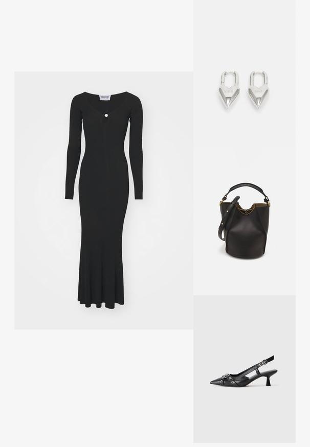 Juoda pūsta megzta suknelė su ilgomis rankovėmis, V formos iškirpte ir platėjančiu sijonu. Pridėtas mažas dekoratyvinis mygtukas iškirptėje.; Juodas odinis slingback tipo batai su smailiu priekiniu atvartu, dekoratyvinėmis sagtimis su metaliniais akyčiais ir žemu blokiniu kulnu. Saldus paviršius.; Juodas odinis kibiro tipo krepšys su tekstūruotu paviršiumi, auksiniais detalėmis ir atvira viršūne. Yra trumpa rankena ir reguliuojama petneša.; Sidabrinės širdelės formos užraktai su išgraviruotais žodžiais "TAIP" ir "NE", poliruotas paviršius, simetriškas dizainas ir tvirtas metalinis užraktas.