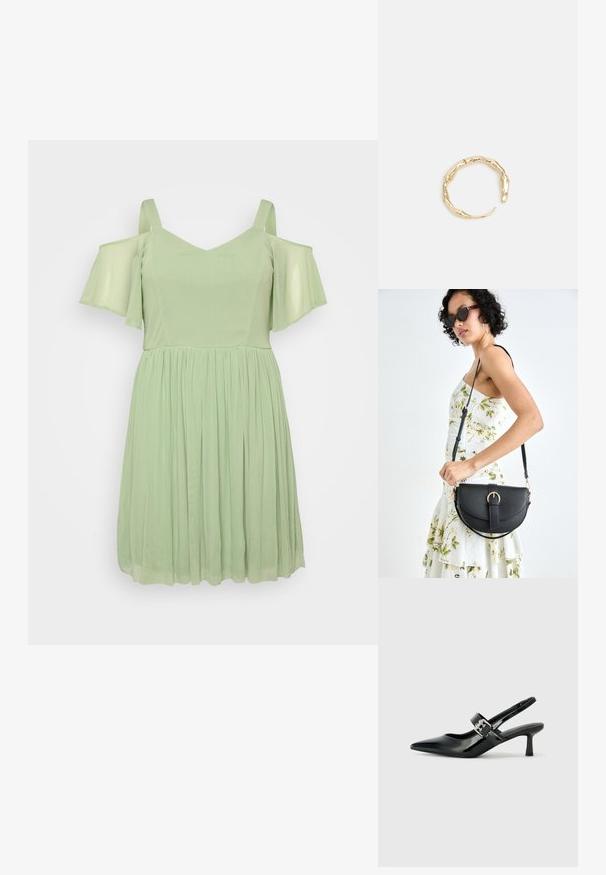 Hele roheline kleit avatud õlavarredega, V-kujulise kaelusega ja kokkutõmmatava seelikuga. Valmistatud pehmest, voolavast materjalist, millel on sile tekstuur.; Mustad patenteeritud nahast sildiga kontsad, millel on terav nina ja väike plokk-konts, mille rihmal on hõbedane pandla aksessuaar.; Mustmust mustraha kõverate joontega, eemaldatava rihmaga ja kuldsete detailidega. Kotil on klapp, millel on pandladetail.; Kuldtoonis sõrmus, millel on orgaaniline, keerdunud disain sileda tekstuuri ja kitsenevate otstega, luues kaasaegse skulptuurilise välimuse.