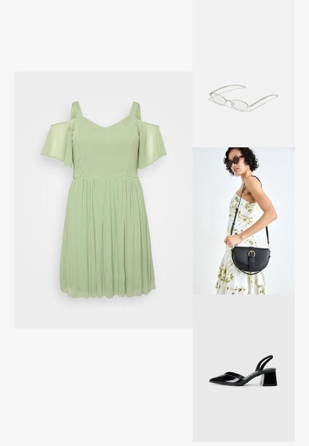 Vestido verde claro com mangas ombro a ombro, decote em V e saia franzida. Feito de um material suave e fluido com uma textura lisa.; Sandy em verniz preto com salto slingback, ponta afilada e salto geométrico. Apresenta um design elegante e minimalista com textura suave.; Óculos ovais com uma armação metálica prateada, lentes transparentes e detalhes texturizados em contas nas hastes. Design leve com braços curvos.; Bolsa de couro preta com forma curva, alça destacável e detalhes em dourado. A bolsa possui uma aba com detalhe de fivela.