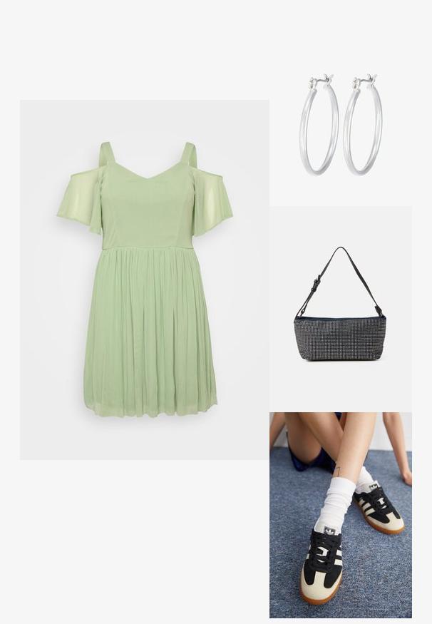 Svetle zelené šaty s rukávy bez ramínek, výstřihem do V a nařasenou sukní. Vyrobené z měkkého, splývavého materiálu s hladkou strukturou.; Černobílé sportovní boty se svrškem z semiše a kůže, s třemi bílými pruhy a gumovou podrážkou. Pár je nošen s bílými ponožkami.; Námořnická látková kabelka s texturovaným designem stříbrných hrotů, s jedním nastavitelným černým popruhem a obdélníkovým tvarem.; Stříbrné kruhové náušnice s hladkým, lesklým povrchem. Kulatý tvar a bezpečné zapínání na klip. Lehký design vhodný pro každodenní nošení.