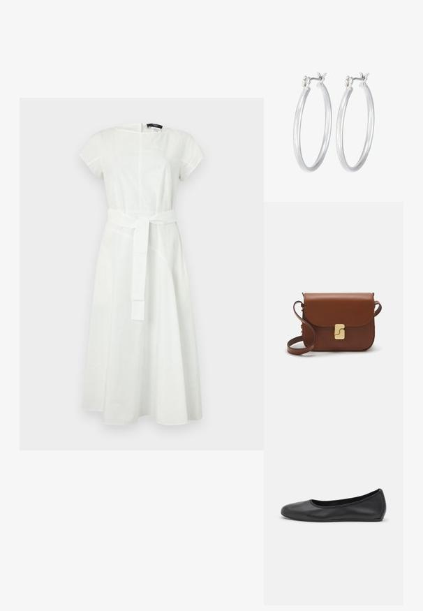 White cotton dress with short sleeves and a round neckline. Features a belted waist and a flowing skirt with seam detailing.; Black leather ballet flat with a rounded toe, smooth texture, minimal stitching detail, and a flexible sole design.; Brown leather handbag with a flap closure, gold-tone hardware, a shoulder strap, and a smooth texture. Compact rectangular shape.; Silver hoop earrings with a smooth, polished finish. Round shape and secure click-top closure. Lightweight design suitable for everyday wear.