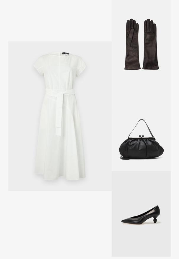 Hvid bomulds kjole med korte ærmer og rund halsudskæring. Har en bælte i taljen og en flydende skørt med sømdetaljer.; Sort læder høje hæle med spids tå og rund, kugleformet hæl. Glat tekstur med et stilrent, minimalistisk design.; Sort læderpung med et rundt, plisseret design. Har en metalspænde med to dekorative kugler og et slankt, aftageligt rem.; WEEKEND MaxMara SENAPE - Handsker - nero
