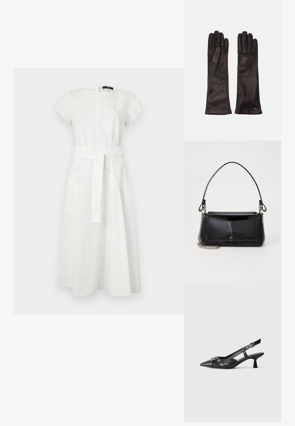 Valkoinen puuvillamekko, jossa on lyhyet hihat ja pyöreä pääntie. Mekossa on vyötäröllä vyö ja lohkeava hame saumaesittelyillä.; Mustat nahkakengät, joissa on avonainen takaosa ja kärjessä terävä muoto, koristevyöt, joissa on metalliset reiät, sekä matala lohkoepohja. Teksturoitu pinta.; Musta lakattu nahkalaukku suorakaiteen muotoisena, ketjuhihnalla ja erottuvalla varustusesineellä keskellä. Siveltimellinen pinta.; WEEKEND MaxMara SENAPE - Sormikkaat - nero